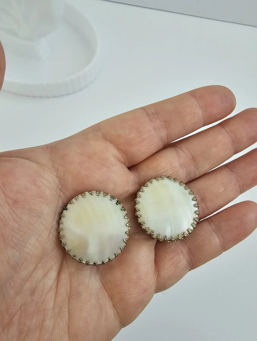 Vintage Mother of Pearl Clip-On Earrings Crown Dogtooth Bezel Statement Button​